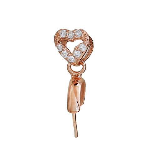 Picture of Sterling Silver Pendant Pinch Bails Clasps Heart Rose Gold Clear Rhinestone 13mm( 4/8") x 6mm( 2/8"), 1 Piece