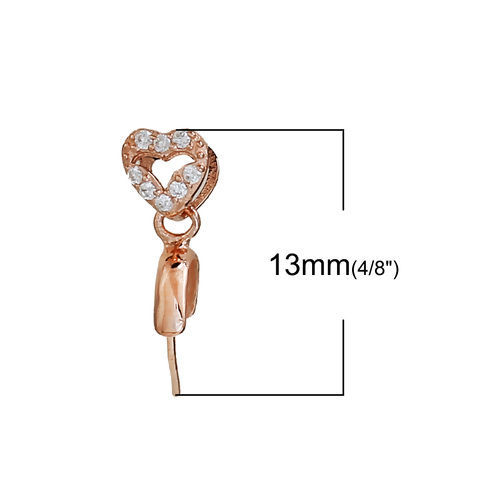 Picture of Sterling Silver Pendant Pinch Bails Clasps Heart Rose Gold Clear Rhinestone 13mm( 4/8") x 6mm( 2/8"), 1 Piece