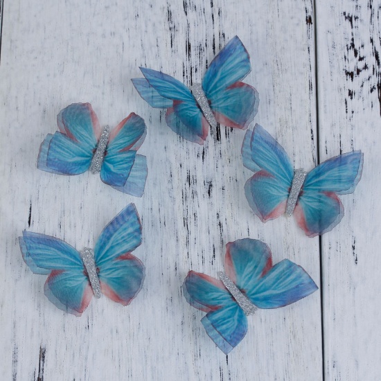 Picture of Organza For DIY & Craft Blue & Black Double Layer Ethereal Butterfly 50mm(2") x 45mm(1 6/8"), 2 PCs