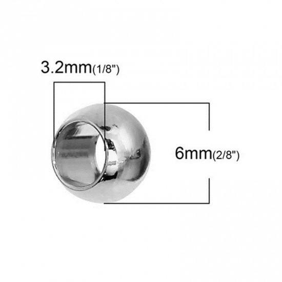 Picture of 304 Stainless Steel Spacer Beads Round Silver Tone About 6mm( 2/8") Dia, Hole: Approx 2.3mm, 20 PCs