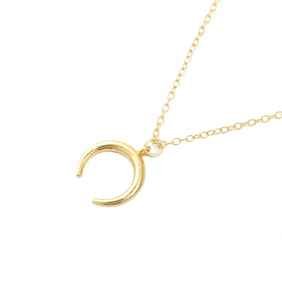 Picture of Brass Boho Chic Necklace Gold Plated Crescent Moon Double Horn 46cm(18 1/8") long, 1 Piece