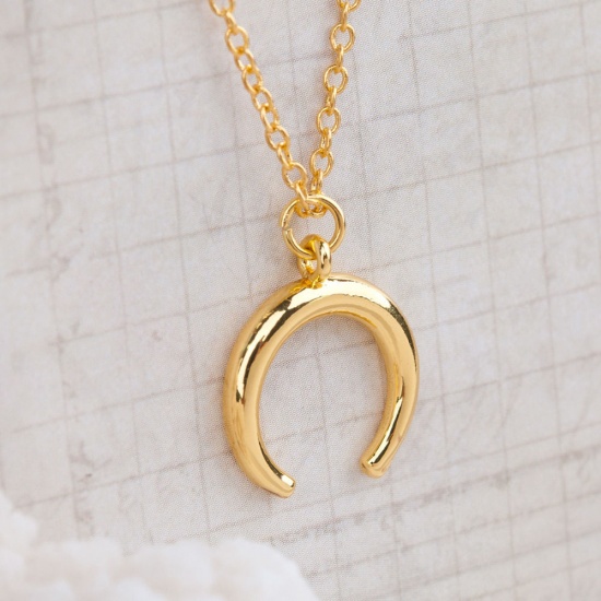 Picture of Brass Boho Chic Necklace Gold Plated Crescent Moon Double Horn 46cm(18 1/8") long, 1 Piece