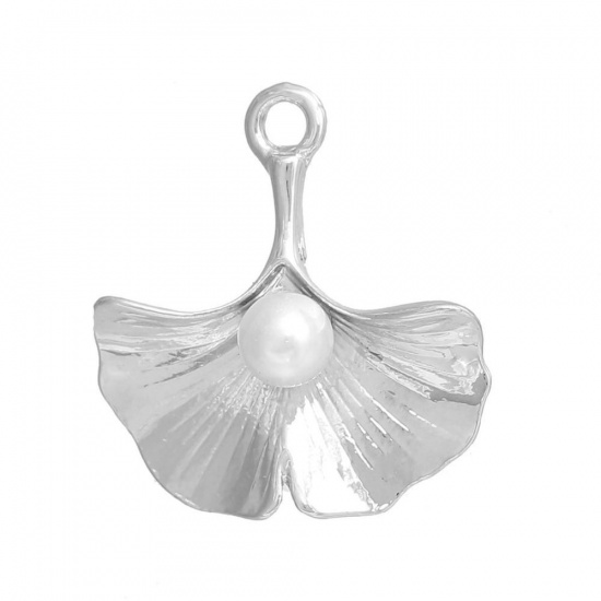 Picture of Brass Charms Gingko Leaf Silver Tone White Acrylic Imitation Pearl 23mm( 7/8") x 21mm( 7/8"), 10 PCs