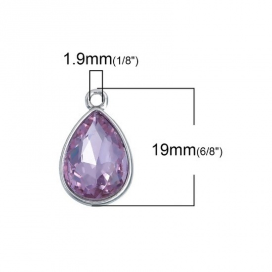 Picture of June Birthstone Charms Drop Silver Tone Purple Glass Rhinestone Faceted 19mm( 6/8") x 12mm( 4/8"), 10 PCs