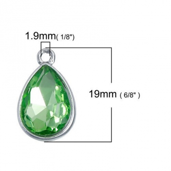 Picture of Aug Birthstone Charms Drop Silver Tone Grass Green Glass Rhinestone Faceted 19mm( 6/8") x 12mm( 4/8"), 10 PCs