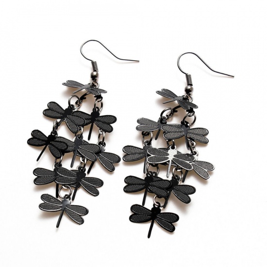 Picture of Brass Earrings Black Dragonfly Animal 74mm x 32mm, Post/ Wire Size: (21 gauge), 1 Pair                                                                                                                                                                        