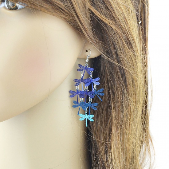 Picture of Brass Earrings Blue Dragonfly Animal 74mm(2 7/8") x 32mm(1 2/8"), Post/ Wire Size: (21 gauge), 1 Pair                                                                                                                                                         