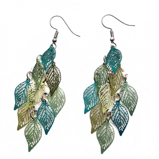 Picture of Copper Earrings Silver Tone Leaf Hollow 79mm x 26mm, Post/ Wire Size: (21 gauge), 1 Pair