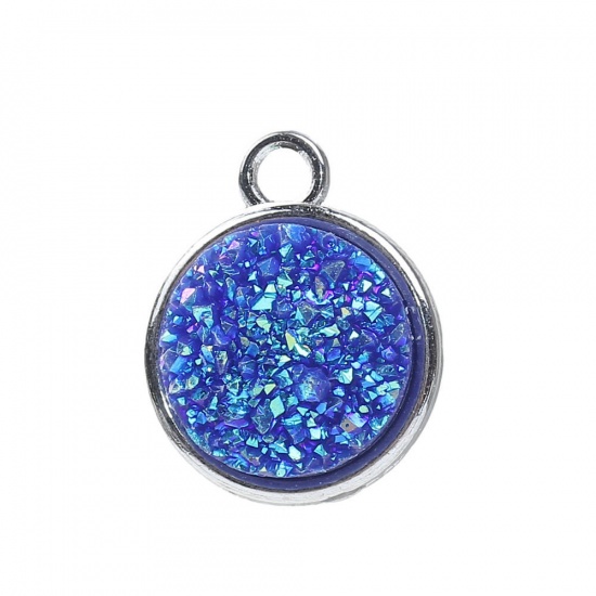 Picture of Zinc Based Alloy & Resin Druzy/ Drusy Charms Round Silver Tone Green AB Color 18mm( 6/8") x 15mm( 5/8"), 5 PCs