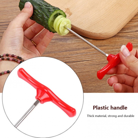 Immagine di Spiral Knife Manual Vegetables Chopper Screw Slicer Cutter Fruit Tools Kitchen Gadgets Silver Tone Red 16cm(6 2/8") x 7cm(2 6/8"), 1 Piece