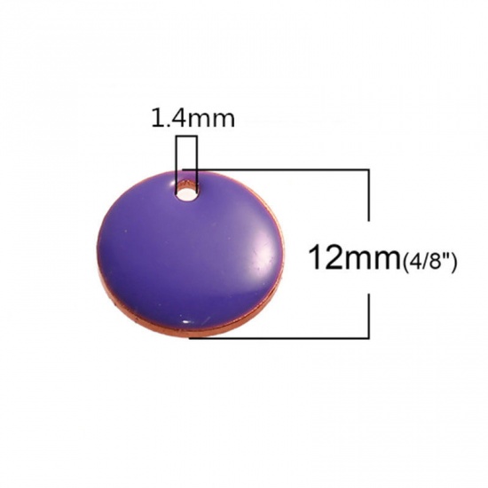 Изображение Эмалированные Блестки Латунь Подвески Круглые Позолоченный С Фиолетовым Эмальей 12мм диаметр, 10 ШТ                                                                                                                                                           
