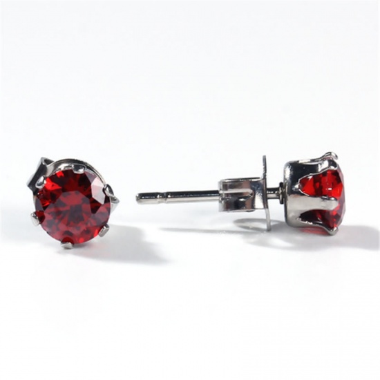 Image de Boucles d'Oreilles Puces en 304 Acier Inoxydable & Zircon Argent Mat Rouge Rond 6mm x 5mm, Epaisseur de Fil: (20 gauge), 1 Paire