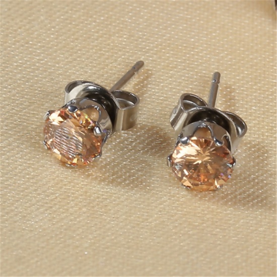 Image de Boucles d'Oreilles Puces en 304 Acier Inoxydable & Zircon Argent Mat Rouge Rond 6mm x 5mm, Epaisseur de Fil: (20 gauge), 1 Paire