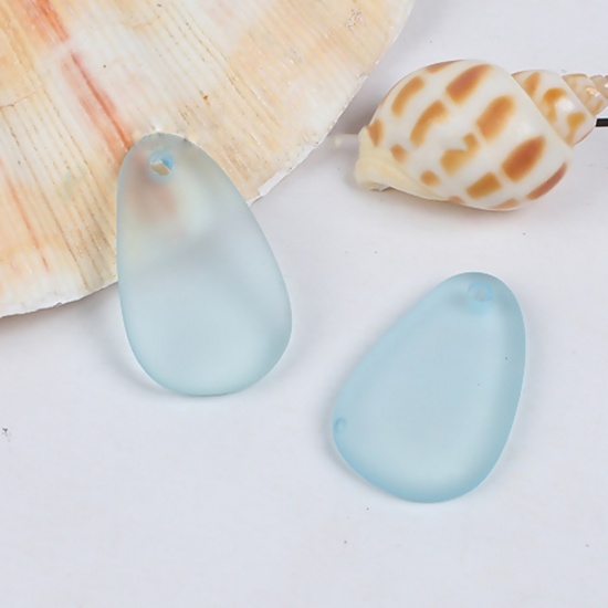 Picture of Resin Sea Glass Charms Drop Blue Frosted 26mm x15mm(1" x 5/8") - 24mm x15mm(1" x 5/8"), 5 PCs