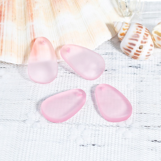 Picture of Resin Sea Glass Charms Drop Pink Frosted 26mm x15mm(1" x 5/8") - 24mm x15mm(1" x 5/8"), 5 PCs
