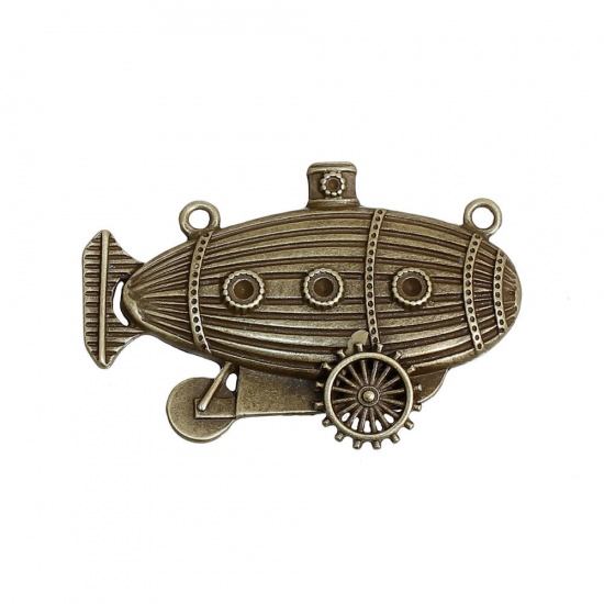 Bild von Zinklegierung Steampunk Verbinder Schiff Bronzefarbe mit Zahnrad Muster 49mm x 33mm, 2 Stück