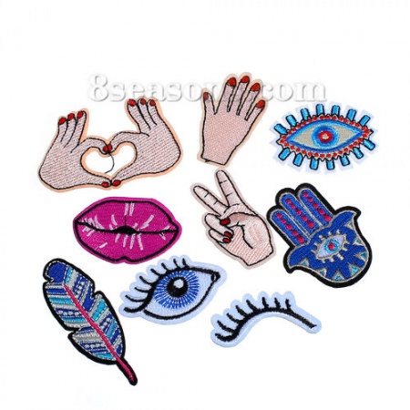 Fabric Iron On Embroidered Patches (With Glue Back) At Random Mixed Hand Gesture Eye 7.5cm x2.5cm(3" x1") - 5.3cm x2.5cm(2 1/8" x1"), 1 Set (Approx 9 PCs/Set)