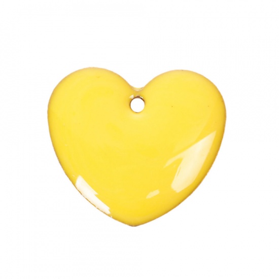 Picture of Brass Enamelled Sequins Charms Heart Unplated Yellow Enamel 16mm x16mm( 5/8" x 5/8"), 10 PCs                                                                                                                                                                  