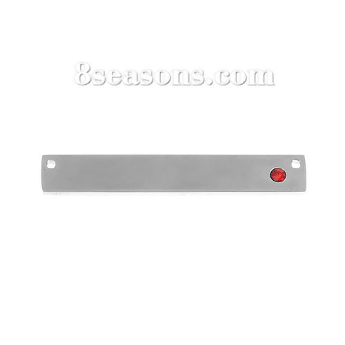 Picture of 304 Stainless Steel July Birthstone Connectors Rectangle Silver Tone Red Rhinestone 38mm(1 4/8") x 6mm( 2/8"), 1 Piece