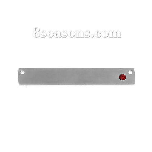 Picture of 304 Stainless Steel Jan Birthstone Connectors Rectangle Silver Tone Dark Red Rhinestone 38mm(1 4/8") x 6mm( 2/8"), 1 Piece