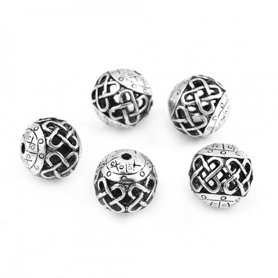 Picture of Zinc Based Alloy Spacer Beads Round Antique Silver Color Flower About 14mm Dia, Hole: Approx 1.9mm, 3 PCs