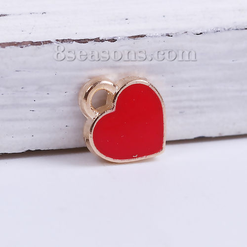 Picture of Zinc Based Alloy Poker/Paper Card/Game Card Charms Gold Plated Red Heart Enamel 8mm( 3/8") x 7mm( 2/8"), 50 PCs