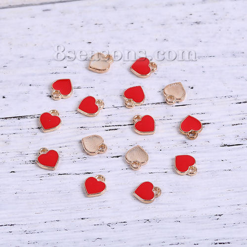 Picture of Zinc Based Alloy Poker/Paper Card/Game Card Charms Gold Plated Red Heart Enamel 8mm( 3/8") x 7mm( 2/8"), 50 PCs