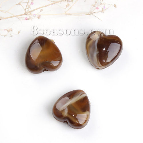 Picture of Acrylic Beads Heart Coffee Marble Effect About 14mm x 14mm, Hole: Approx 2.2mm, 50 PCs