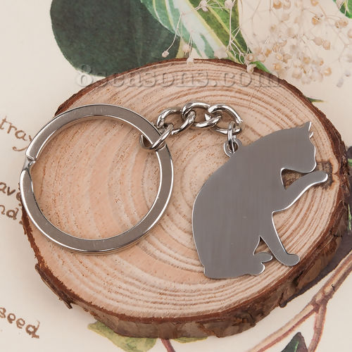 Picture of 304 Stainless Steel Pet Silhouette Blank Stamping Tags Keychain & Keyring Silver Tone Cat One-sided Polishing 80mm x 37mm, 1 Piece