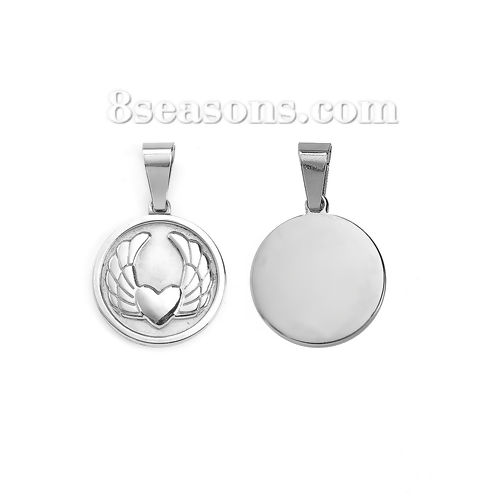 Picture of 1 Piece 316 Stainless Steel Blank Stamping Tags Pendants Round Wing Silver Tone Double-sided Polishing 39mm x 25mm