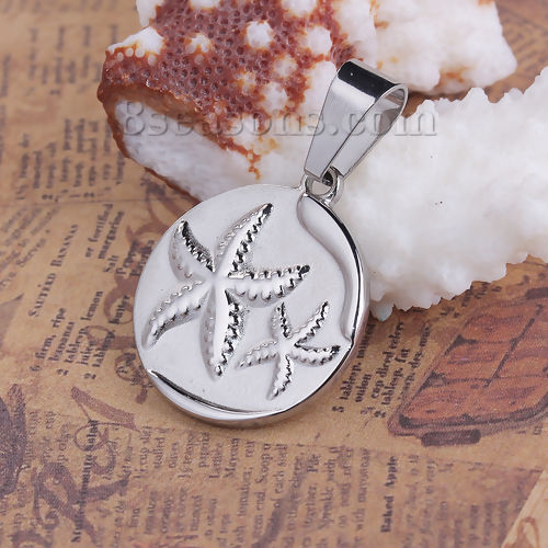 Picture of 316 Stainless Steel Blank Stamping Tags Pendants Round Star Fish Silver Tone One-sided Polishing 39mm x 25mm, 1 Piece