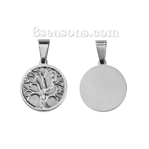 Picture of 1 Piece 316 Stainless Steel Blank Stamping Tags Pendants Round Tree Silver Tone Double-sided Polishing 38mm x 24mm