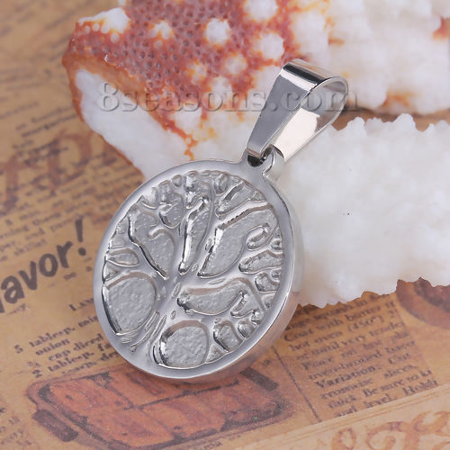 Picture of 1 Piece 316 Stainless Steel Blank Stamping Tags Pendants Round Tree Silver Tone Double-sided Polishing 38mm x 24mm