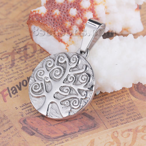 Picture of 1 Piece 316 Stainless Steel Blank Stamping Tags Pendants Round Tree Silver Tone Double-sided Polishing 39mm x 25mm