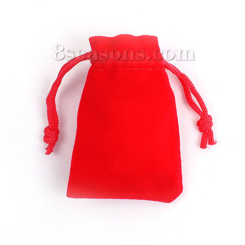 Picture of Velvet Jewelry Gift Bags Drawstring Rectangle Red (Usable Space: Approx 5.5x5cm) 7cm x 5cm, 10 PCs