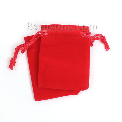 Picture of Velvet Jewelry Gift Bags Drawstring Rectangle Red (Usable Space: Approx 5.5x5cm) 7cm x 5cm, 10 PCs