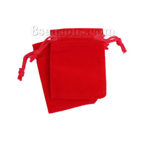 Picture of Velvet Jewelry Gift Bags Drawstring Rectangle Red (Usable Space: Approx 8cmx7cm) 9.3cm(3 5/8") x 7cm(2 6/8"), 10 PCs