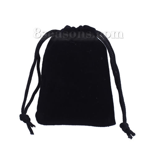 Picture of Velvet Jewelry Gift Bags Drawstring Rectangle Black (Usable Space: Approx 5.5x5cm) 7cm x 5cm, 10 PCs