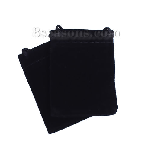 Picture of Velvet Jewelry Gift Bags Drawstring Rectangle Black (Usable Space: Approx 5.5x5cm) 7cm x 5cm, 10 PCs