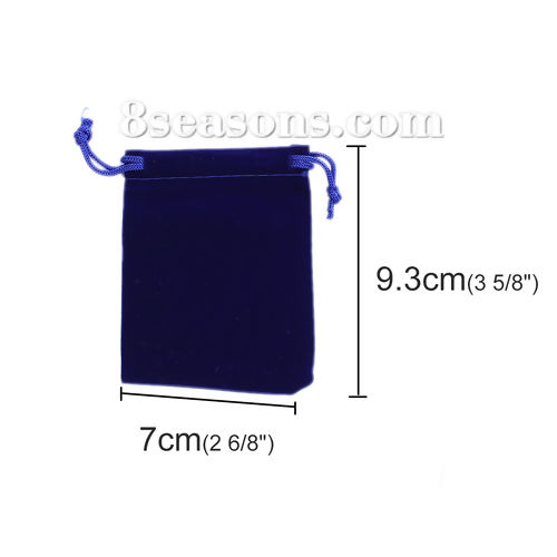 Picture of Velvet Jewelry Gift Bags Drawstring Rectangle Deep Blue (Usable Space: Approx 8cmx7cm) 9.3cm(3 5/8") x 7cm(2 6/8"), 10 PCs
