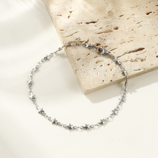 Imagen de Estrellas de cinco puntos Acero Inoxidable Pulseras Al Por Mayor, Tono de Plata Mujeres Regalo Suministro de Joyería, 21cm longitud, Tamaño de la Cadena: 4mm, 1 Unidad