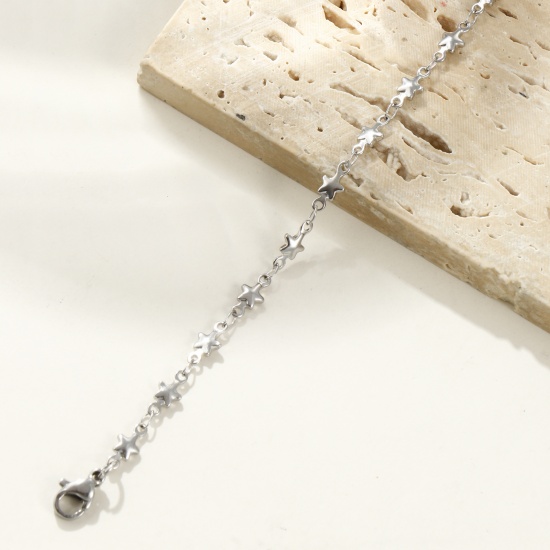 Imagen de Estrellas de cinco puntos Acero Inoxidable Pulseras Al Por Mayor, Tono de Plata Mujeres Regalo Suministro de Joyería, 21cm longitud, Tamaño de la Cadena: 4mm, 1 Unidad
