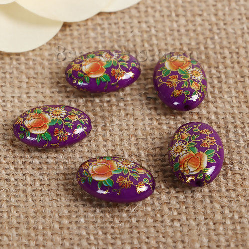 Picture of Acrylic Spacer Japan Painting Vintage Japanese Tensha Beads Oval Purple & Red Rose Flower Pattern About 19mm x 14mm, Hole: Approx 1.4mm, 5 PCs