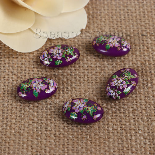Picture of Acrylic Spacer Japan Painting Vintage Japanese Tensha Beads Oval Purple & Pink Morning Glory Flower Pattern About 19mm x 14mm, Hole: Approx 1.4mm, 5 PCs