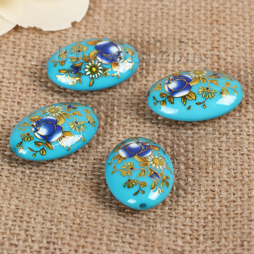 Picture of Acrylic Spacer Japan Painting Vintage Japanese Tensha Beads Oval Lake Blue & Blue Rose Flower Pattern About 29mm x 20mm, Hole: Approx 1.8mm, 3 PCs