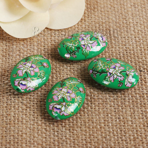 Picture of Acrylic Spacer Japan Painting Vintage Japanese Tensha Beads Oval Green & Pink Morning Glory Flower Pattern About 29mm x 20mm, Hole: Approx 1.8mm, 3 PCs