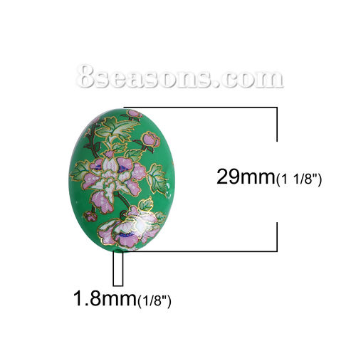 Picture of Acrylic Spacer Japan Painting Vintage Japanese Tensha Beads Oval Green & Pink Morning Glory Flower Pattern About 29mm x 20mm, Hole: Approx 1.8mm, 3 PCs