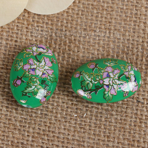 Picture of Acrylic Spacer Japan Painting Vintage Japanese Tensha Beads Oval Green & Pink Morning Glory Flower Pattern About 29mm x 20mm, Hole: Approx 1.8mm, 3 PCs