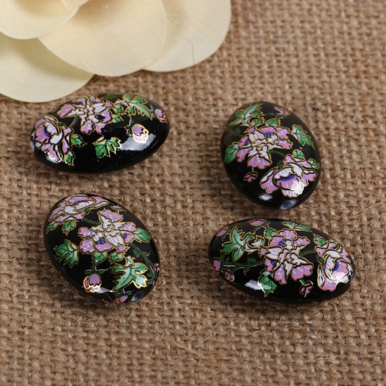 Picture of Acrylic Spacer Japan Painting Vintage Japanese Tensha Beads Oval Green & Pink Morning Glory Flower Pattern About 29mm x 20mm, Hole: Approx 1.8mm, 3 PCs