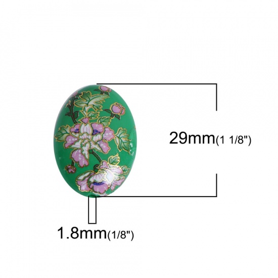 Picture of Acrylic Spacer Japan Painting Vintage Japanese Tensha Beads Oval Green & Pink Morning Glory Flower Pattern About 29mm x 20mm, Hole: Approx 1.8mm, 3 PCs